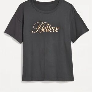 Charcoal Christmas “Believe” Tee with Gold Script XL NWT